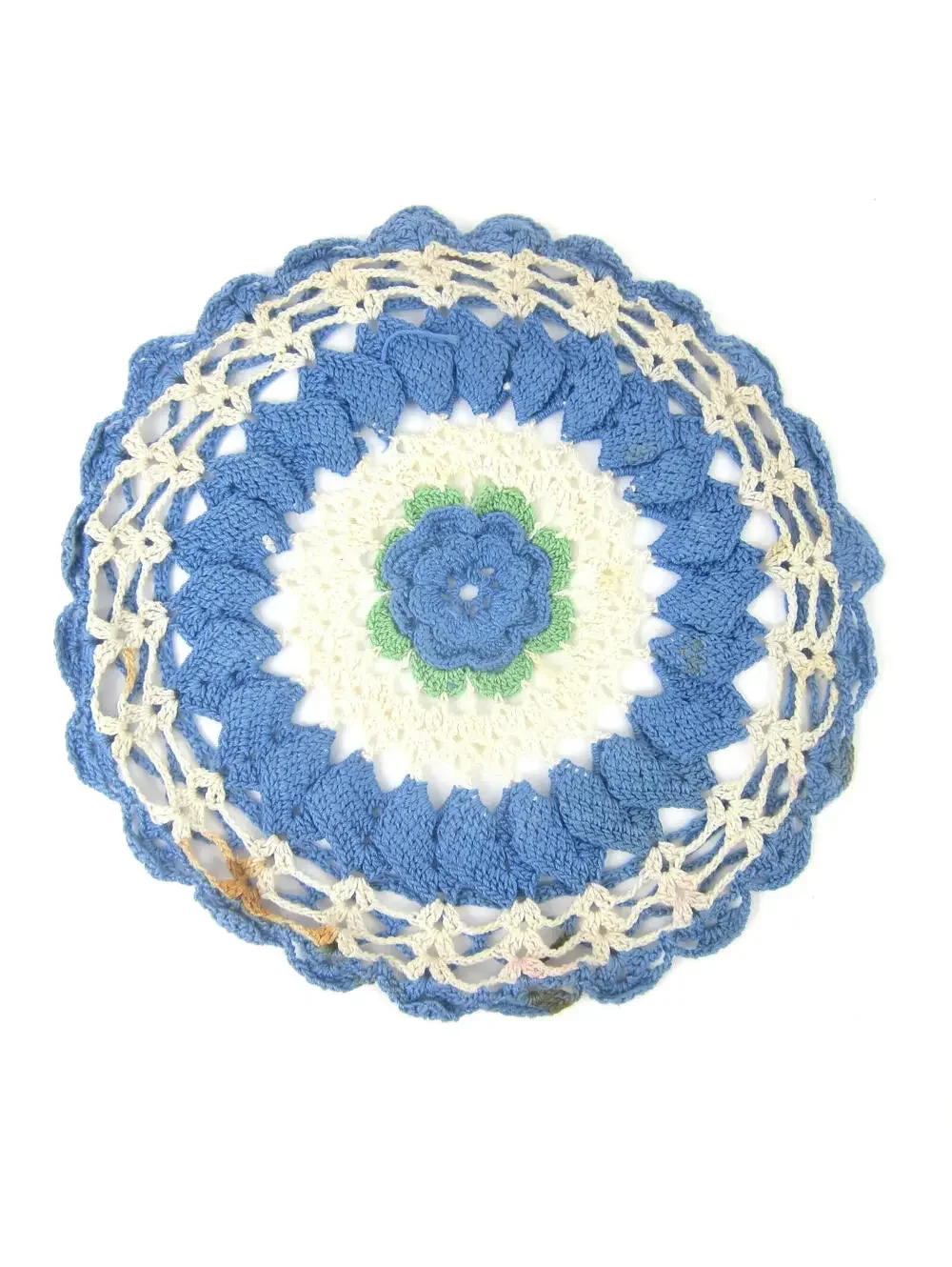 Vintage Rose Hot Plate Doily Blue Flower Cream Green 9.5